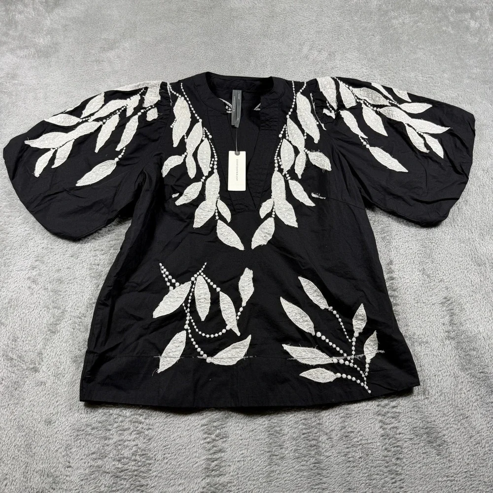 Anthropologie Puff Sleeve Blouse Women XXS Black Embroidered Split Neck NWT